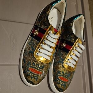Gold Patterned Sneakers with Red and Black Stripes- Gucci